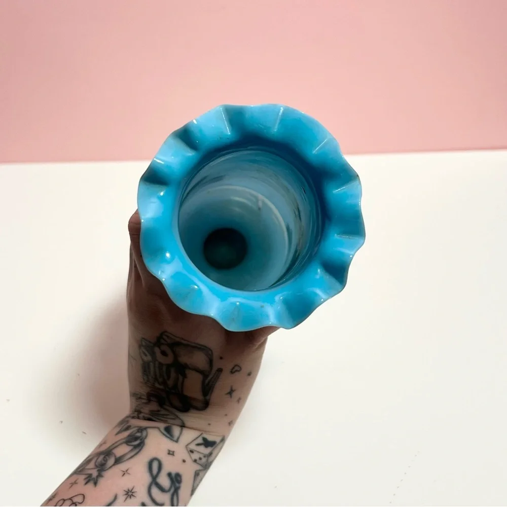 Vintage retro blue floral painted vase - Picture 3 of 6